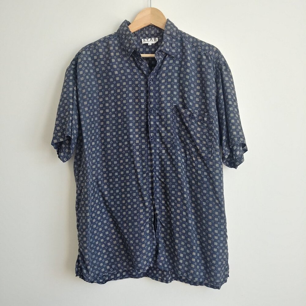 Star Men's 100% Silk Short Sleeve Button Down Shirt Large Dark Blue